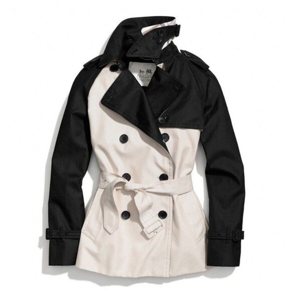 Coach Trench Coat XS Double Breasted Black White Belted Buttons Pockets - Picture 1 of 3